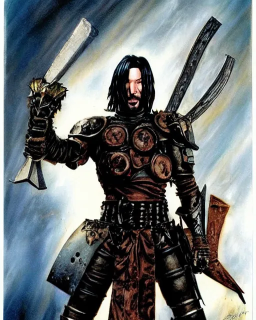 Image similar to portrait of a skinny punk keanu reeves wearing armor by simon bisley, john blance, frank frazetta, fantasy, thief warrior