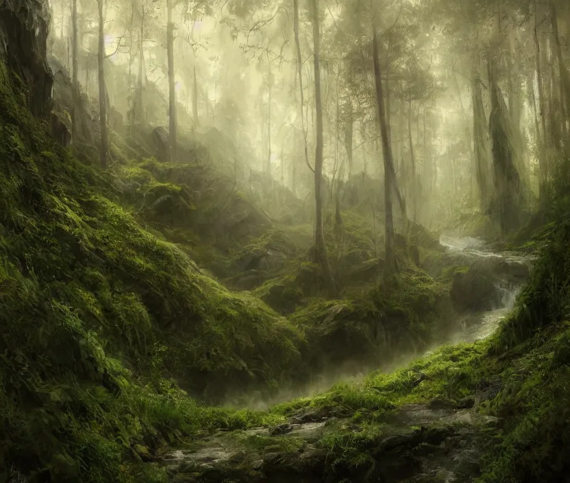 Image similar to most epic landscape, epic cinematic hyperrealism masterpiece. realistic poster with shaded lighting by craig mallismo, artgerm, jeremy lipkin and michael garmash, unreal engine, radiant light, detailed and complex environment, digital art, art station trends, environmental portrait, low angle, 3 5 mm, forest path, misty, vines, fern, moss