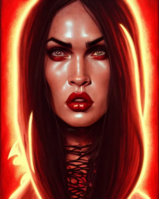 Image similar to portrait of red skinned megan fox as purgatori, vampire, horns, red skin, chaos comics, purgatori, coffin comics, hell, intricate, headshot, highly detailed, digital painting, artstation, concept art, sharp focus, cinematic lighting, illustration, art by artgerm and greg rutkowski, alphonse mucha, cgsociety
