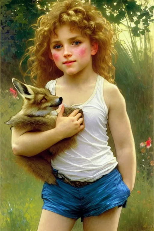 Prompt: a seven - year old with curly dirty blonde hair, blue eyes, tan skin a tee shirt and shorts, playing with foxes, painting by daniel gerhartz, alphonse mucha, bouguereau, detailed art, accurate facial features, artstation