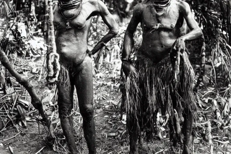 Prompt: a 1905 colonial closeup photograph of an African scary tribal voodoo ghost in a village at the river bank of Congo , Thick jungle,scary, evil looking, wide angle shot