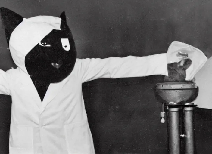 Prompt: old photograph of an anthropomorphic cat wearing a lab coat