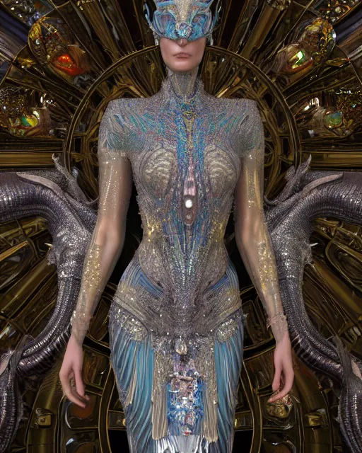 Prompt: a highly detailed metahuman 4 k close up render of an alien goddess bella hadid monument dragon in iris van herpen dress schiaparelli in diamonds crystals swarovski and jewelry iridescent in style of alphonse mucha gustav klimt trending on artstation made in unreal engine 4