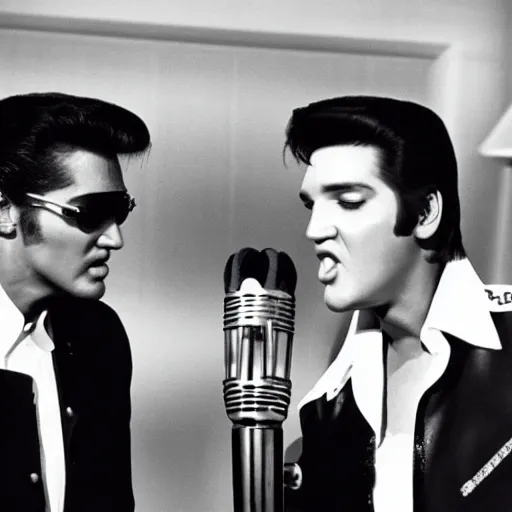 Image similar to elvis presley and snoop dog singing a duet one microphone, in las vegas, detailed, beautiful, dolby digital color, f 1. 8, promotional poster, photorealistic