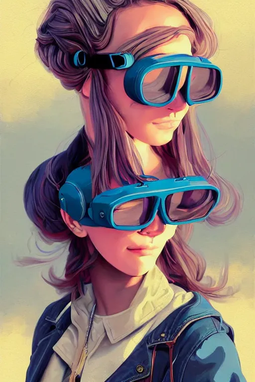 Image similar to portrait painting of a teenage girl with swept back wild blue hair, fashionable, windy, steampunk, reflective goggles, smirking, full body, flat color solid background color, sharp focus, award - winning, cinematic pose, cinematic lighting, trending on artstation, masterpiece, highly detailed, intricate. art by josan gonzales and moebius and deathburger