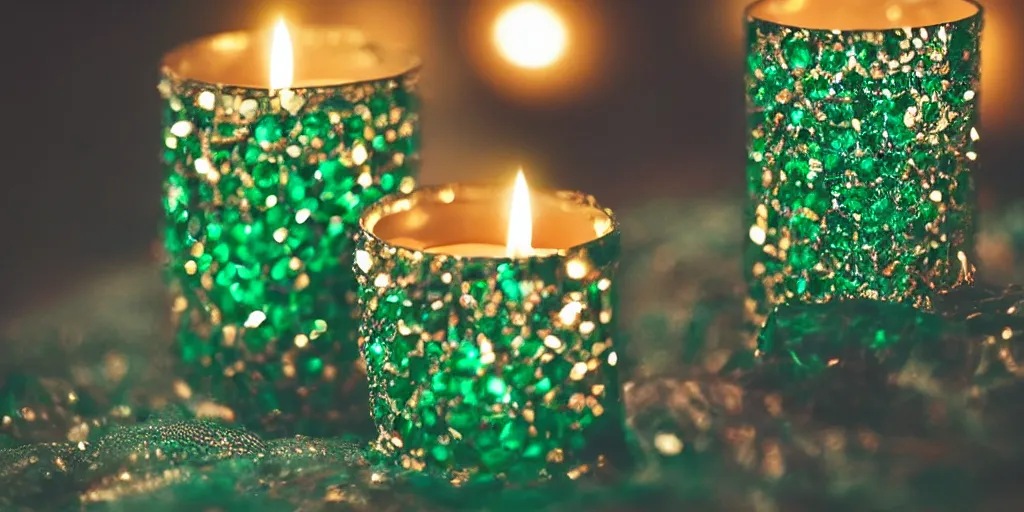 Image similar to jewels and emeralds at night candle bokeh