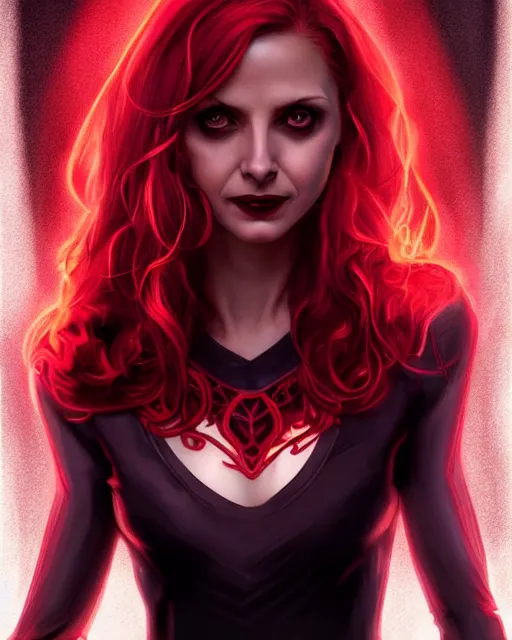 Image similar to Scarlet witch outfit Sarah Michelle Gellar, black magic, symmetrical face symmetrical eyes, realistic character concept, full body, scary pose, comic book, illustration,;cinematic lighting, high resolution, Charlie Bowater, Norman Rockwell, symmetrical eyes, single face, detailed and intricate, beautiful