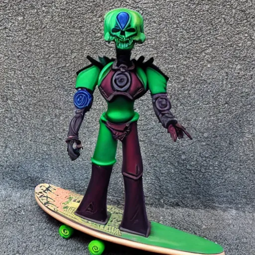 Prompt: a necron named anrakyr posing with a skateboard for a photo