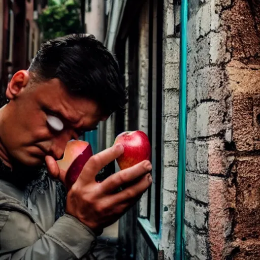 Image similar to a photo taken in an alleyway of a man crying while holding an apple