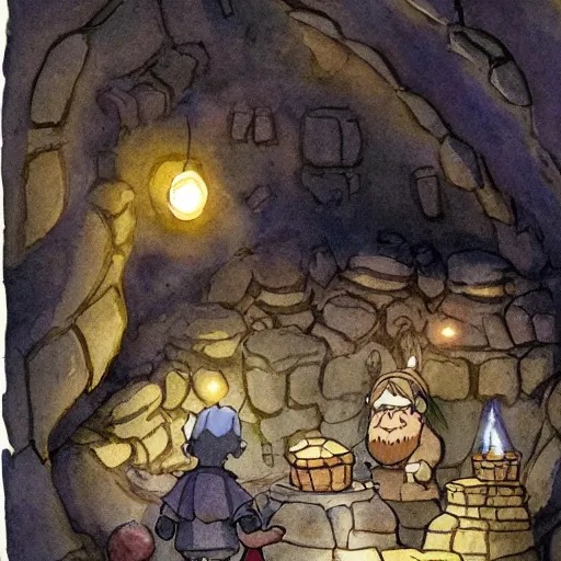 Image similar to dwarf mining for gold in a sparkling dark cave, from ghibli studio, watercolor illustration for book