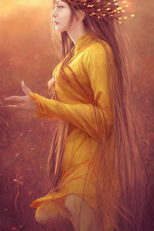 Image similar to The goddess of autumn harvest, tranquility, beautiful face, long hair, wearing wheat yellow gauze, comic style, virtual engine, 3D, sense of atmosphere, goddess, by wlop