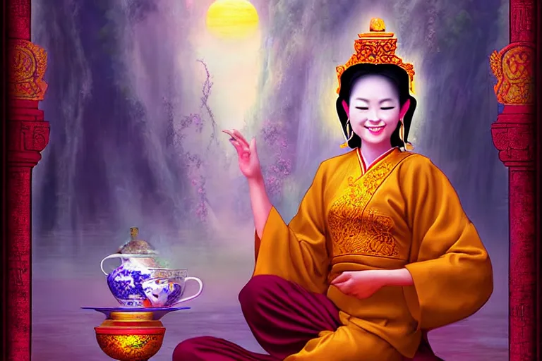 Image similar to vietnamese smiling sitting goddess, pro photo mystical temple night, tea vapors, detailed soft digital fantasy art