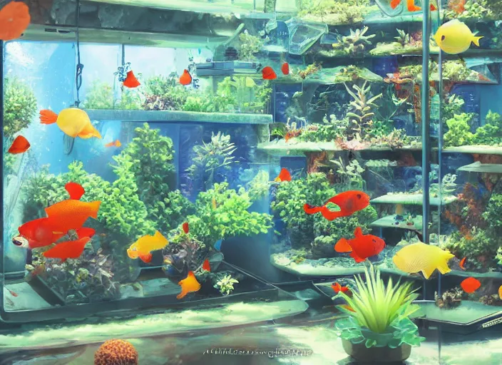 Image similar to arrays of betta tanks, pleasing two - point - perspective anime background clean neat clarity professional visual development set design, tiny cozy store with hanging bird cages and bright fish aquariums, sparse planted terrariums, dim painterly lighting volumetric aquatics, impasto, trending on pixiv