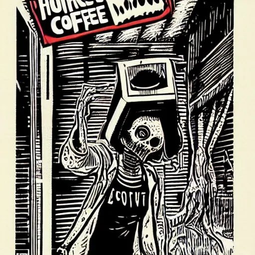 Prompt: woodcut, vhs cover, 1 9 8 3, horror, coffee shop, espresso machine, barista zombie, los angeles, designed by charles burns