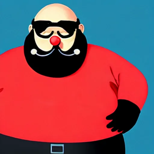 Image similar to a round fat man in a red jumpsuit, wearing shiny black goggles, long pointy pink nose, spikey brown moustache, large cartoonish hands with white gloves