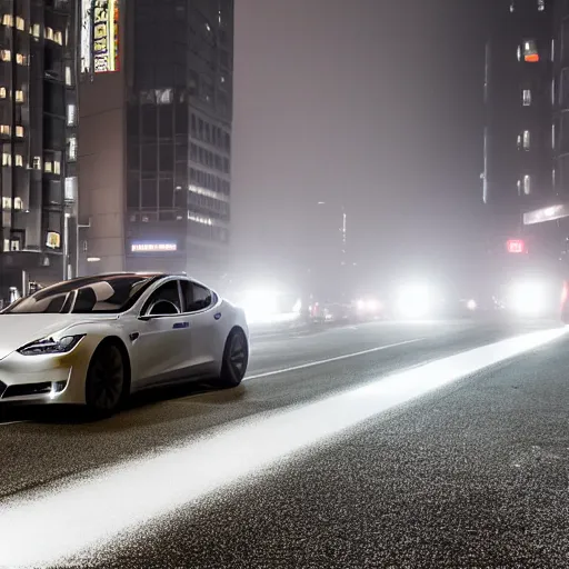 Image similar to tesla in tokyo at a foggy and rainy night, realistic 4 k