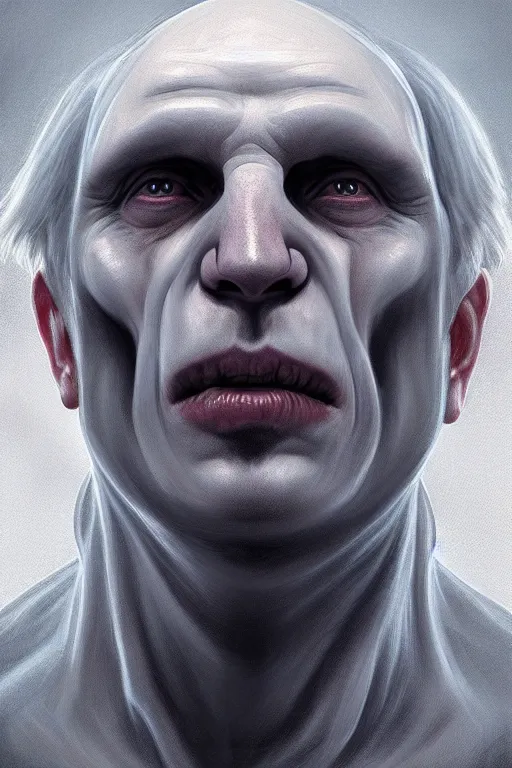 Prompt: Boris Johnson as Lord Voldemort without nose, realistic portrait, symmetrical, highly detailed, digital painting, artstation, concept art, smooth, sharp focus, illustration, cinematic lighting, art by artgerm and greg rutkowski and alphonse mucha