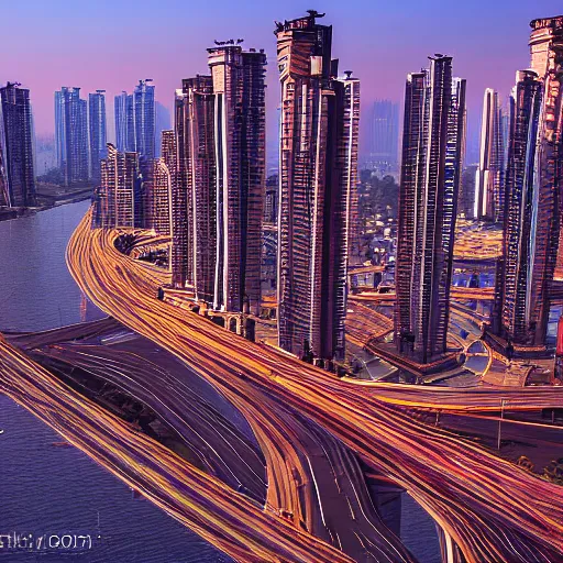 Prompt: mumbai in the year 2 0 7 0, architecture, urban, cinematic, super realisitc, city streets, golden hour