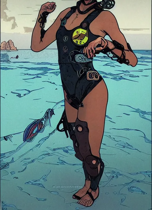 Prompt: cyberpunk beach lifeguard. swimsuit. portrait by ashley wood and alphonse mucha and laurie greasley and josan gonzalez and james gurney. splinter cell, apex legends, rb 6 s, hl 2, d & d, cyberpunk 2 0 7 7. realistic face. character clothing. vivid color. dystopian setting.