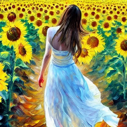 Image similar to a girl slowly walking through amazing tall sunflower field, her hair flowing down, subtle, intricate details, real masterpiece, oil on canvas, by leonid afremov