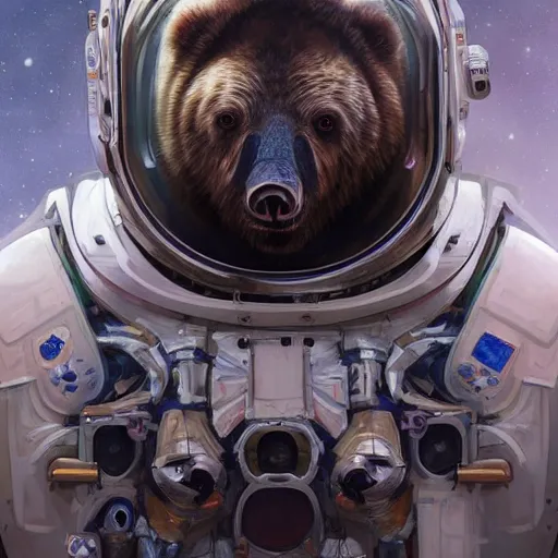 Image similar to detailed science - fiction character portrait of a grizzly bear space robot suit, intricate, wild, highly detailed, digital painting, artstation, concept art, smooth, sharp focus, illustration, art by artgerm and greg rutkowski and alphonse mucha