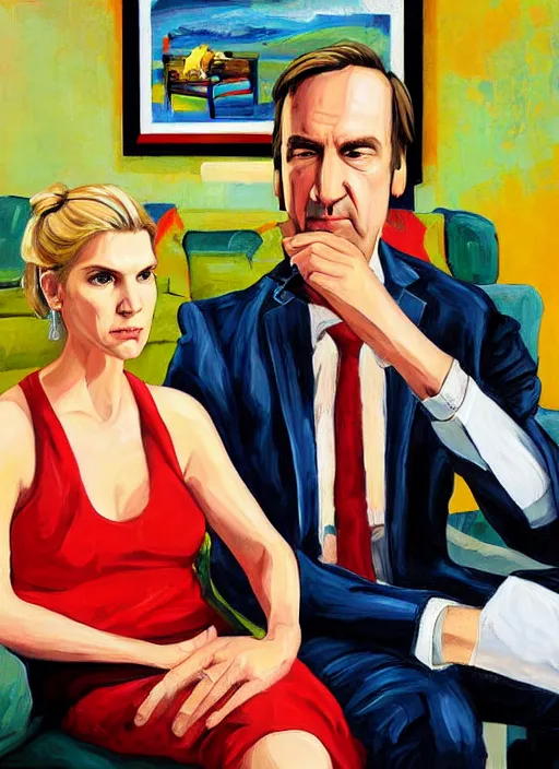 Image similar to jon hale painting of kim wexler and saul goodman sitting on couch, ominious, strange composition, visible brush strokes