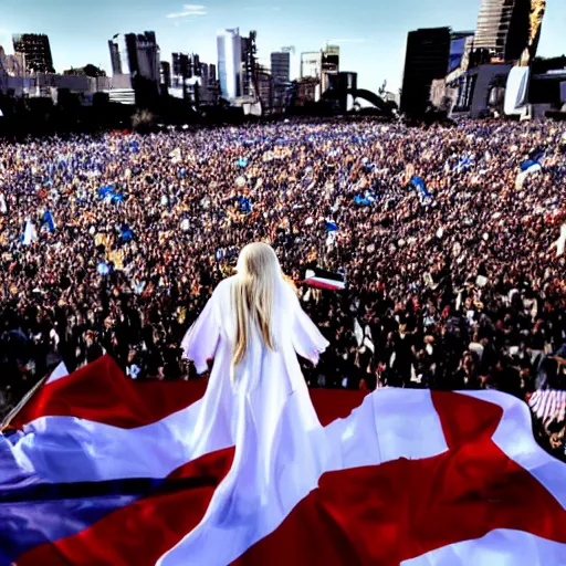 Prompt: Lady Gaga as president, Argentina presidential rally, Argentine flags behind, bokeh, giving a speech, detailed face, Argentina