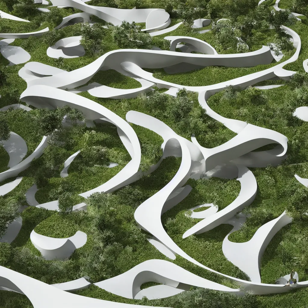 Prompt: “ an incredibly smooth curvilinear architectural spatial immersive sculpture, unfolding continuous golden surfaces enclose a visually complex garden designed by zaha hadid, architecture render ”