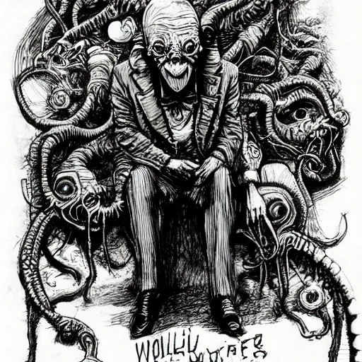 Prompt: graphic illustration, creative design, willy wonka as cthulhu, biopunk, by ralph steadman, francis bacon, hunter s thompson, highly detailed, concept art