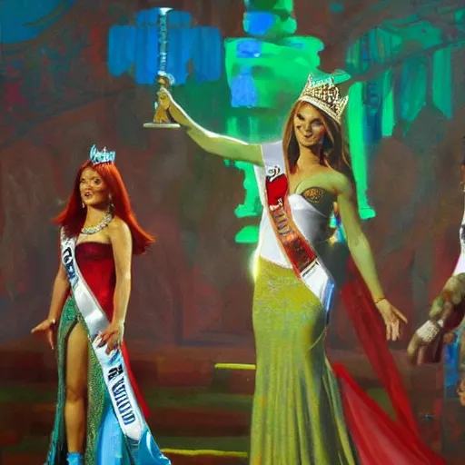 Prompt: Gerudo Link winning the Miss America Pageant. Oil painting, Nintendo, on stage, dynamic lighting.