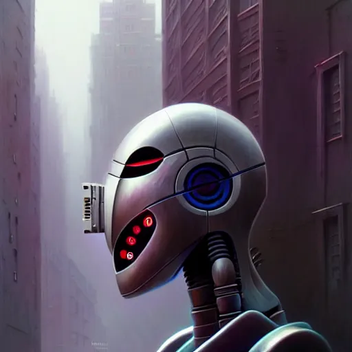 Image similar to detailed character concept art portrait of a masked robot in a city, trending on artstation, award - winning video game concept art by jim burns and greg rutkowski, beksinski, a sci - fi concept art masterpiece, james gilleard, bruegel, alphonse mucha, and yoshitaka amano.