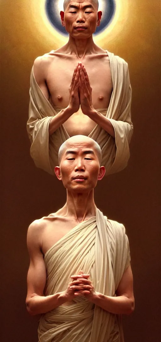 Image similar to ultra realistic illustration, a serene buddhist monk experiencing ego death, intricate, elegant, highly detailed, digital painting, artstation, concept art, smooth, sharp focus, illustration, art by artgerm and greg rutkowski and alphonse mucha, by rene magritte, surrealism!!!