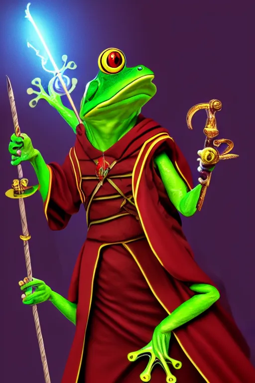 Prompt: frog mage in a gryffindor form with a magic wand, in hogwarts, high details, volume light, best composition, 4 k