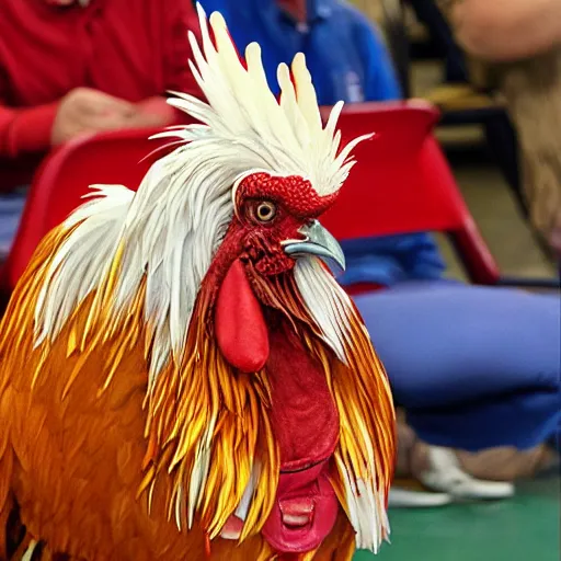 Prompt: an elderly male rooster dressed up for bingo night