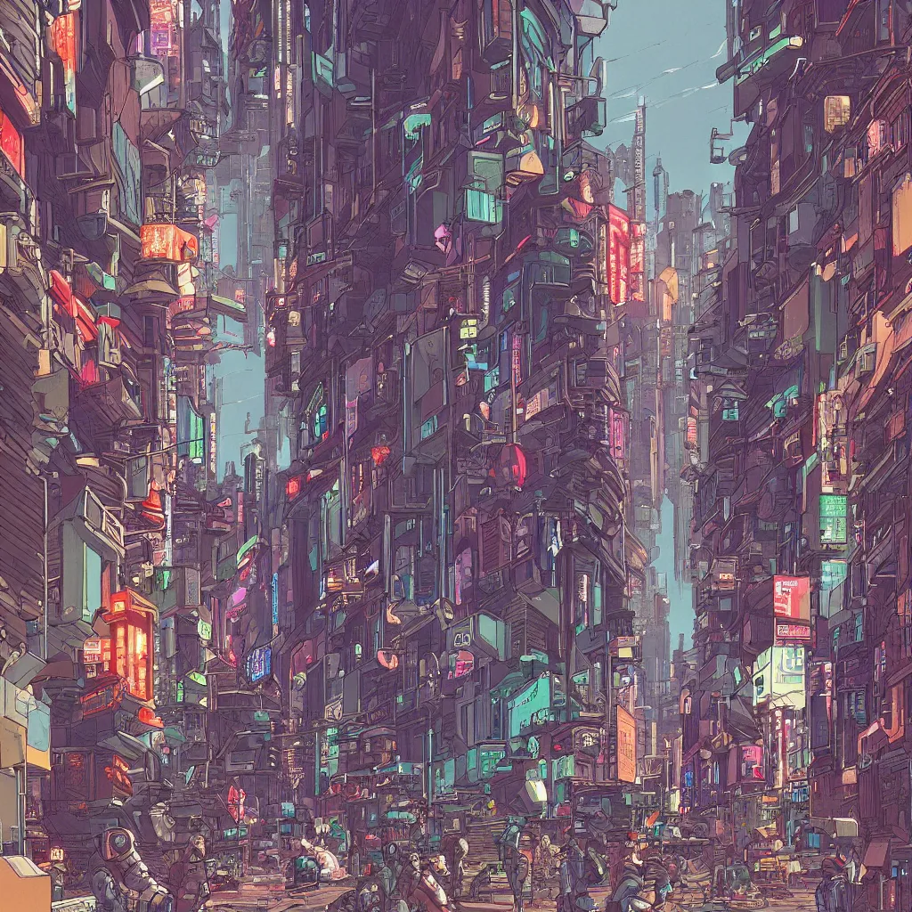 Image similar to a cyberpunk city street with robots and humans walking around, digital painting by moebius