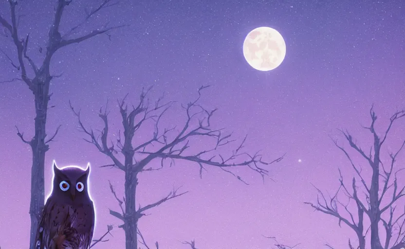 Image similar to owl in tree with moon staring down and the sky is purple, low level, rendered by beeple, makoto shinkai, syd meade, simon stalenhag, synthwave style, digital art, unreal engine, wlop, trending on artstation, 4 k uhd image, octane render,