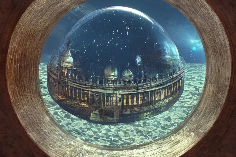 Image similar to dome science fiction underwater advanced orthodox city bubble landscape