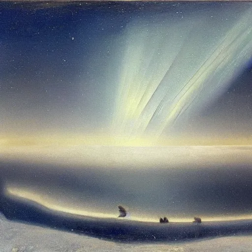 Image similar to the epic abstract painting'blue arctic void with black and red aurora borealis above a tiny polar bear family ', by caspar david friedrich!!!, by rothko!!!, stunning masterpiece, trending on artstation