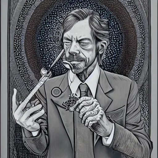 Image similar to Alan watts Smoking a pipe, drawn by alex grey