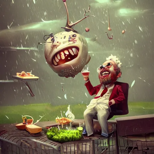 Image similar to a mad scientist in his back yard laughing happily at the food which he is falling from the sky , concept art, trending on artstation 3D.