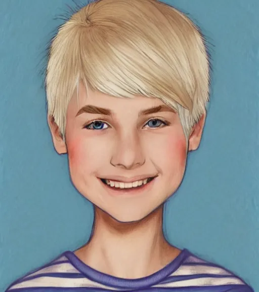 Prompt: claire barnes, a 1 5 - year - old white girl with a round face, pixie cut platinum blonde hair, round blue eyes, rosy cheeks, and a happy expression, highly detailed portrait, color pencil sketch