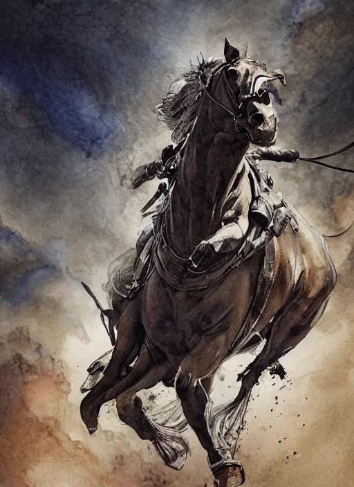 Image similar to portrait, flying horses stealing jockeys, watercolor, dramatic lighting, cinematic, establishing shot, extremely high detail, foto realistic, cinematic lighting, pen and ink, intricate line drawings, by Yoshitaka Amano, Ruan Jia, Kentaro Miura, Artgerm, post processed, concept art, artstation, matte painting, style by eddie mendoza, raphael lacoste, alex ross