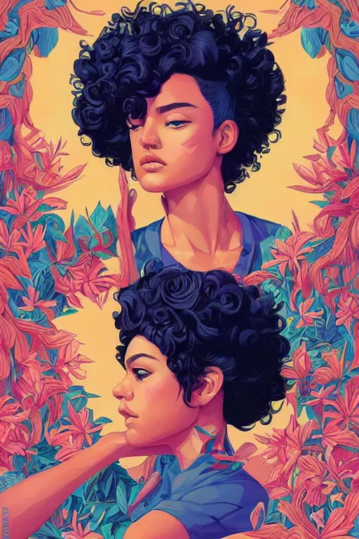 Prompt: hispanic girl short curly hair, and a shortbeard mixed race man, tristan eaton, victo ngai, artgerm, rhads, ross draws