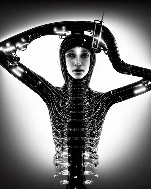 Image similar to black and white artistic photo, young female cyborg - plant goddess, microchip, artificial intelligence, bio - mechanical bio - luminescence, black wired cables, cinematic, rim light, photo - realistic, 8 k, in the style of dora maar and h. g. giger