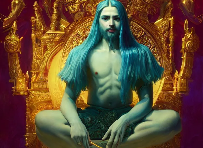 Prompt: wide view picture of a extremely beautiful and aesthetic lord of materialization, sitting on the throne, centred position, bright hair, floating greed cubes on the background, lighting eyes, magic and fantasy, highly detailed face, specular reflection, occlusion shadow, intricate, masterpiece, by ilya kuvshinov and jeremy lipking and quentin mabille