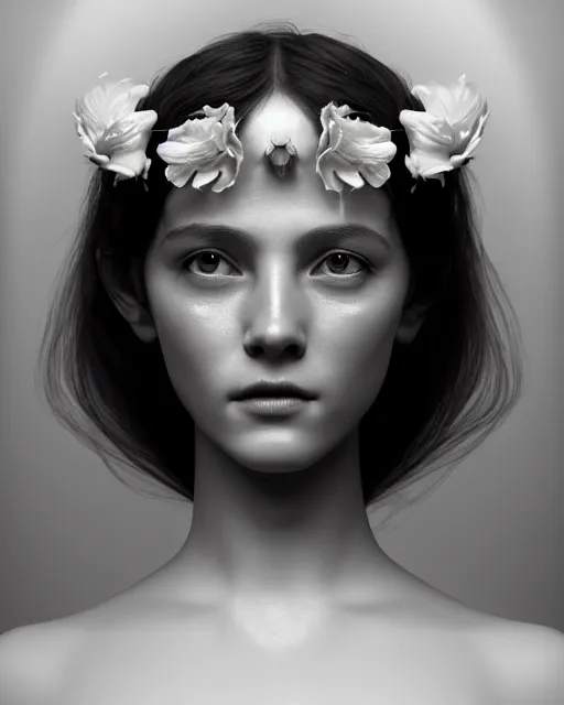 Image similar to dreamy, monochrome, subsurface scattering, white, young beautiful flower - cyborg goddess in cosmos, black and white, octane render, dino valls, mark ryden, highly detailed, rim light, art, cinematic lighting, very coherent, hyper realism, 8 k