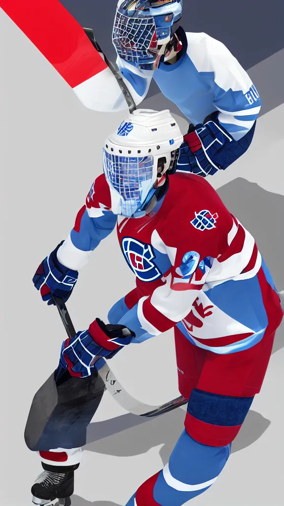 Image similar to habs, female ice hockey player, high-tek helmet, futuristic, unreal engine, lasers, 8k, artstation