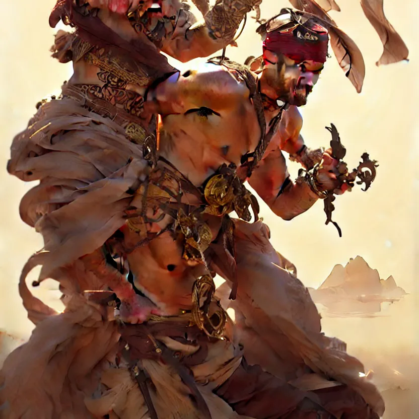 Image similar to , male pirate captain of the desert, muscular upper body, D&D, fantasy, intricate, elegant, highly detailed, digital painting, artstation, concept art, smooth, sharp focus, illustration, art by artgerm and greg rutkowski and alphonse mucha