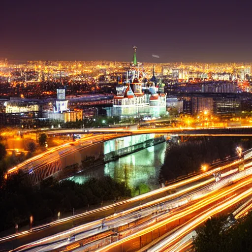 Prompt: 90mm photo of moscow at night