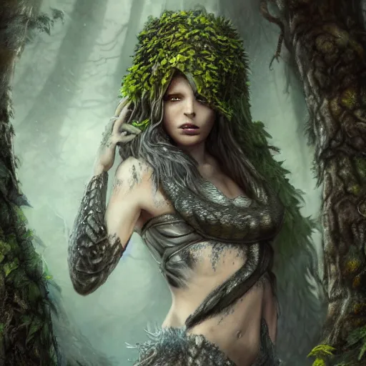 Image similar to high definition charcoal watercolor fantasy character art, hyper realistic, hyperrealism, luminous water elemental, snake skin armor forest dryad, woody foliage, 8 k dop dof hdr fantasy character art, by aleski briclot and alexander'hollllow'fedosav and laura zalenga